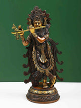 AONA brass Lord Krishna statue playing flute, ornate headdress, 13 in