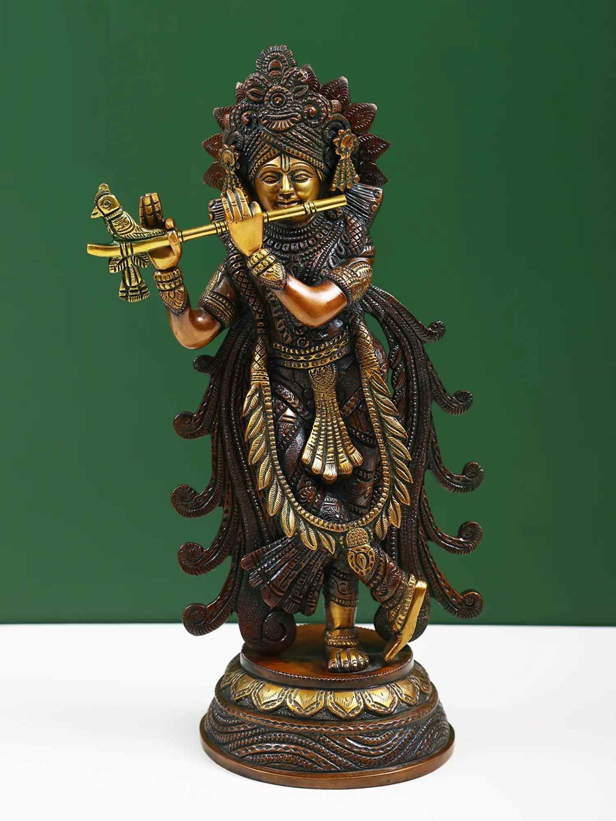 AONA brass Lord Krishna statue playing flute, ornate headdress, 13 in