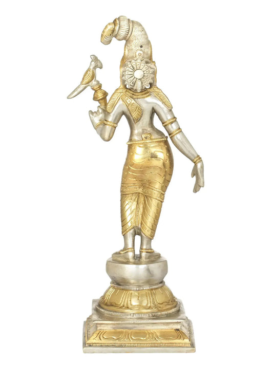 Brass Gold Silver Statue of Devi Andal Holding a Parrot 12 inches