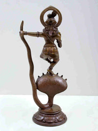 Brass Kaliya Vijaya Lila Krishna statue, raised arms, serpent tail base, 13 in
