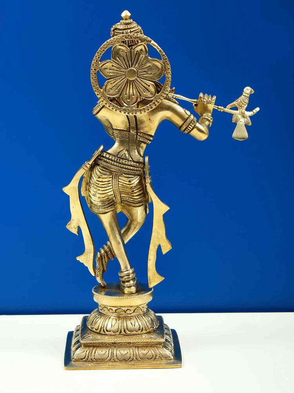 Amazing Natural Brass Statue of Lord Krishna Playing the Flute 12 inches Study Setting
