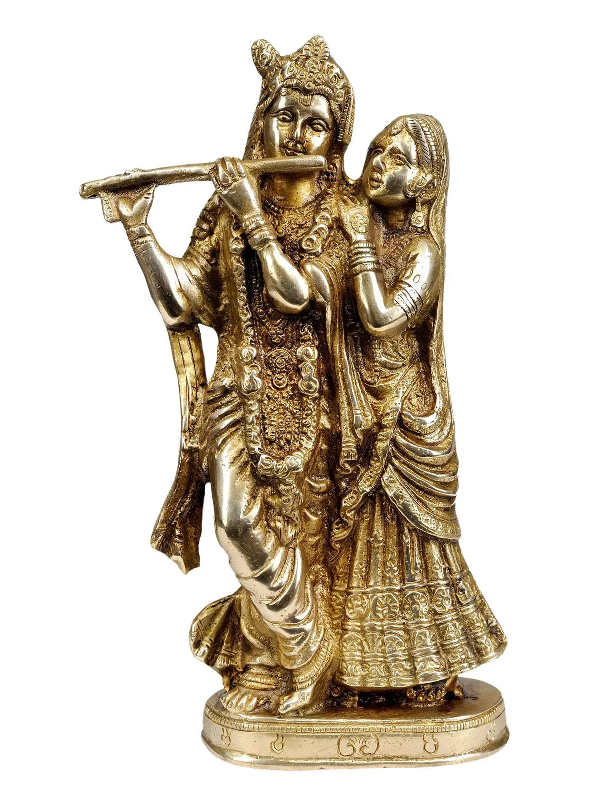 Natural brass Radha-Krishna figurine, 8 in, Krishna holding flute beside Radha