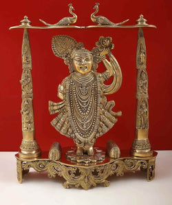 Golden Brass Statue of Shri Krishna as Shrinath Ji 18 Inches