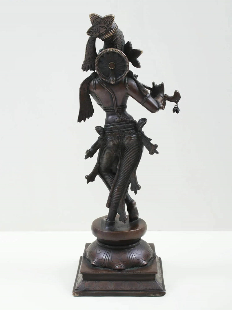 Indian Cocoa Brass Statue of Standing Lord Krishna Playing the Flute 14 inches