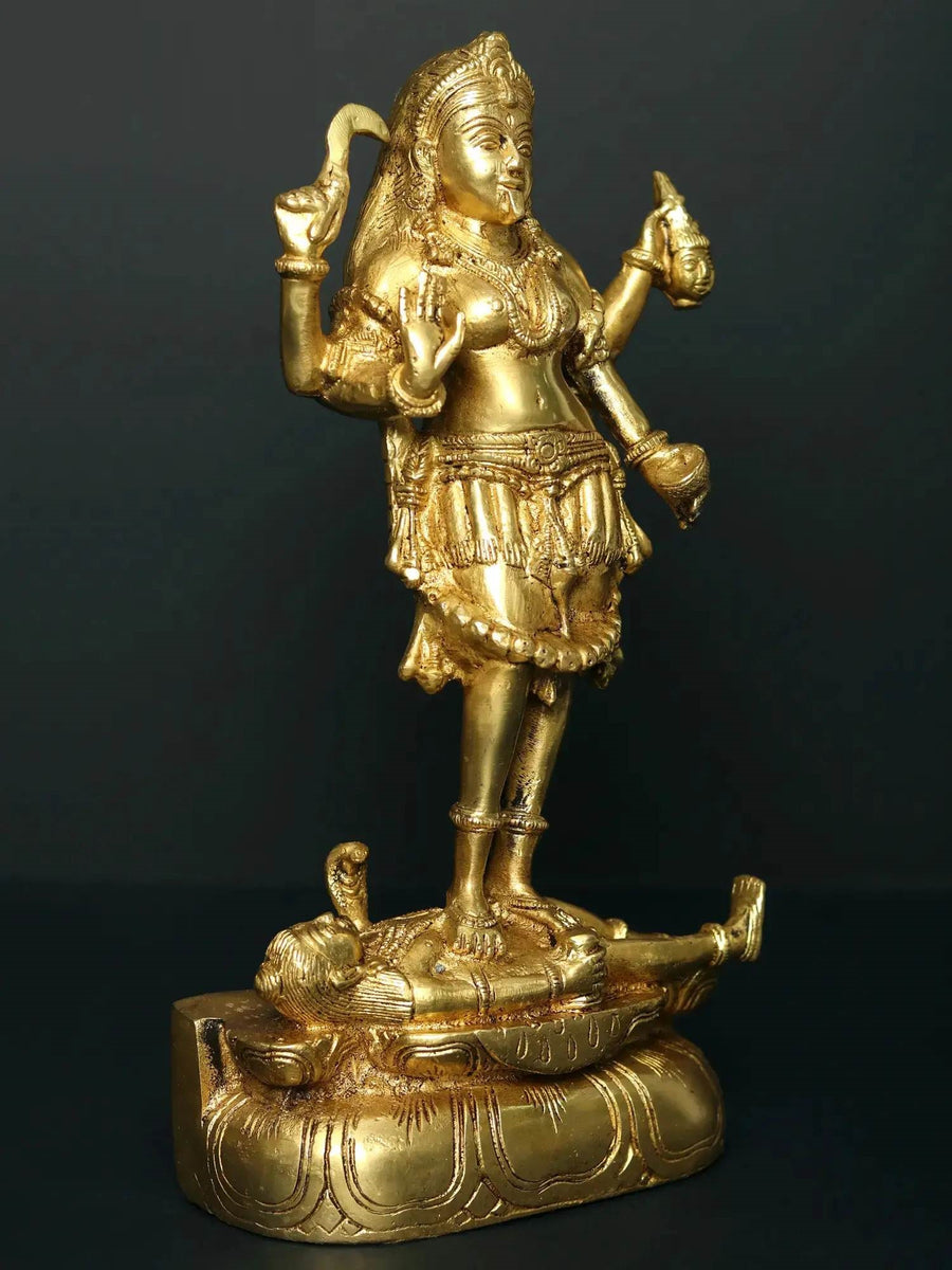 Brass Goddess Kali Statue Standing Atop Lord Shiva 11 inches Craft Detail