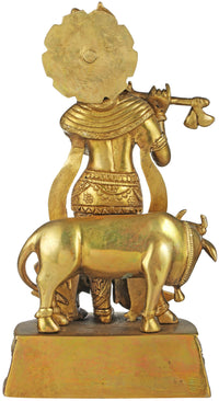 Handmade brass Venugopala statue, back view of Krishna with cow, detailed base