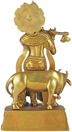 Handmade brass Venugopala statue, back view of Krishna with cow, detailed base