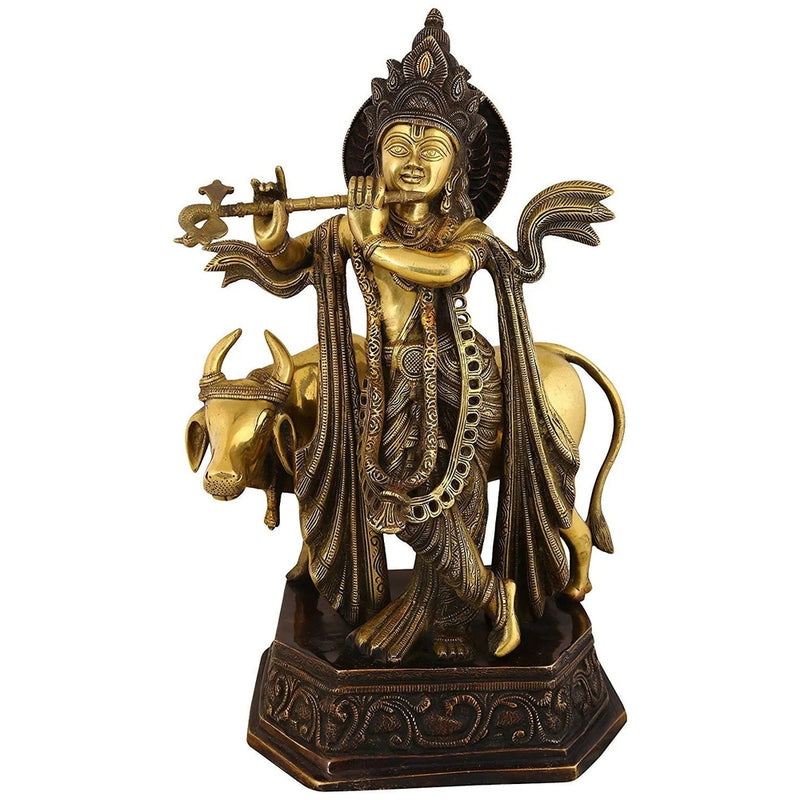 Handmade Brass Sculpture of Krishna Luxuriantly Draped, Accompanied by His Companion, the Cow 20 Inches