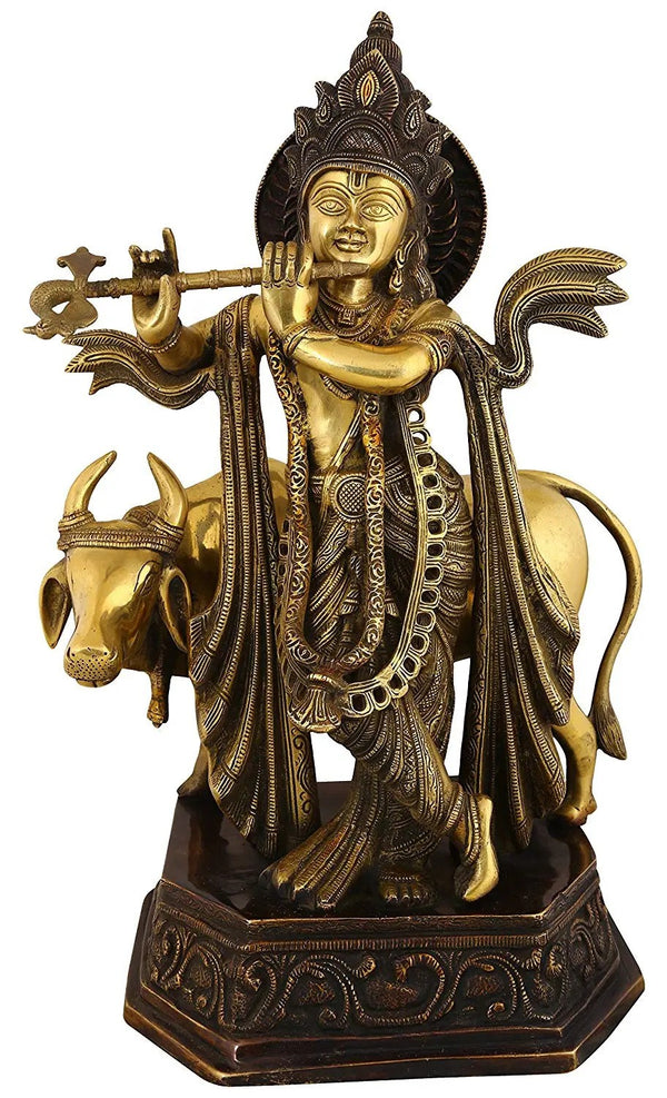 Handmade Brass Sculpture of Krishna Luxuriantly Draped, Accompanied by His Companion, the Cow 20 Inches