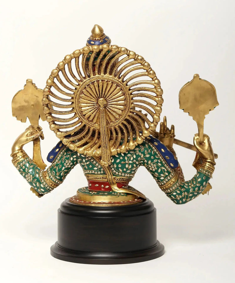 Chaturbhuja Venugopal (Krishna) Brass Bust with Inlay Work on Wooden Base 18 inches