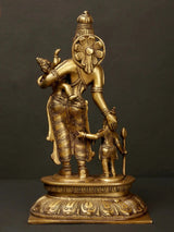 Brass Parvati and Ganesha with Karttikeya, side view on carved base.