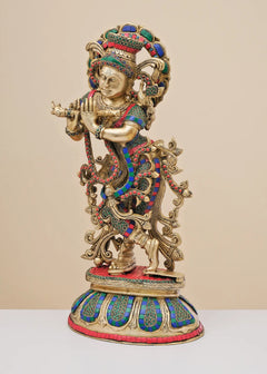 Brass Krishna flute figurine, ornate dancing pose with gemstone-style inlay
