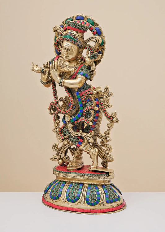 Handmade Brass Sculpture of Krishna Playing the Flute with Inlay Work 22 Inches