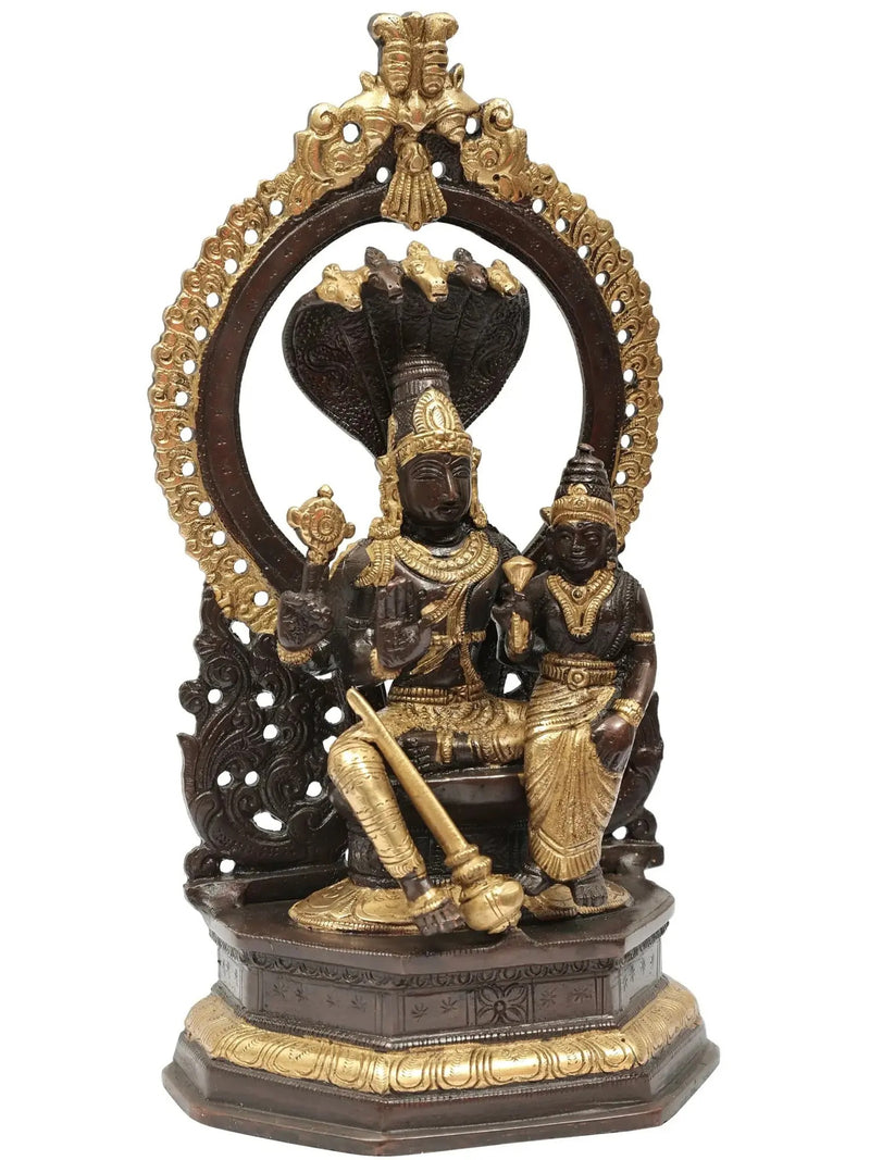 Handmade Brown Gold Brass Statue of Lord Vishnu with Goddess Lakshmi 10 INCHES