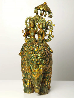 Handmade Greenish Gold  Brass Statue of Radha and Krishna Riding on an Elephant 23 inches