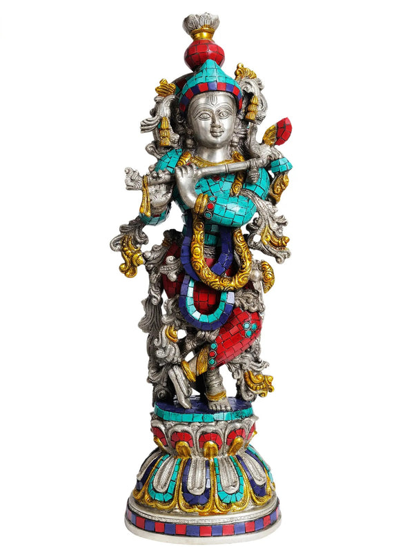 Brass Statue of Fluting Krishna in a Silver Hue 21 Inches