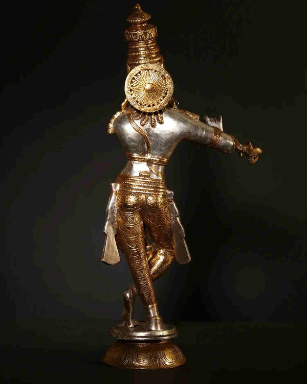 Handmade Silver and Gold Brass Statue of Shri Krishna Playing His Flute 23 Inches Study Setting