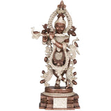 Handmade silver brass Krishna statue playing flute, ornate crown and arch, 15 inch