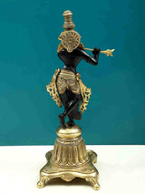Lord Krishna brass statue on pedestal, black finish, raised flute, decorative halo