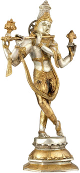 Lord Krishna cosmic form statue, silver body with gold ornaments and raised arms