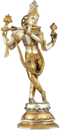 Lord Krishna cosmic form statue, silver body with gold ornaments and raised arms