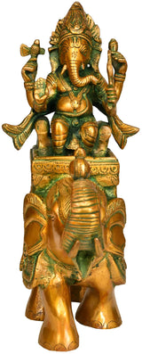 Brass Ganesha riding elephant statue, green gold details, 11 in