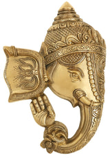 Brass Ganesha mask wall hanging, raised blessing hand and ornate headpiece