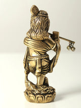 Small brass Bal Krishna idol back view playing flute, curled hair and arm details