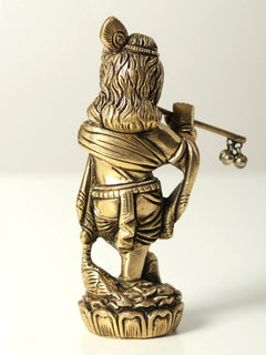 Small brass Bal Krishna idol back view playing flute, curled hair and arm details