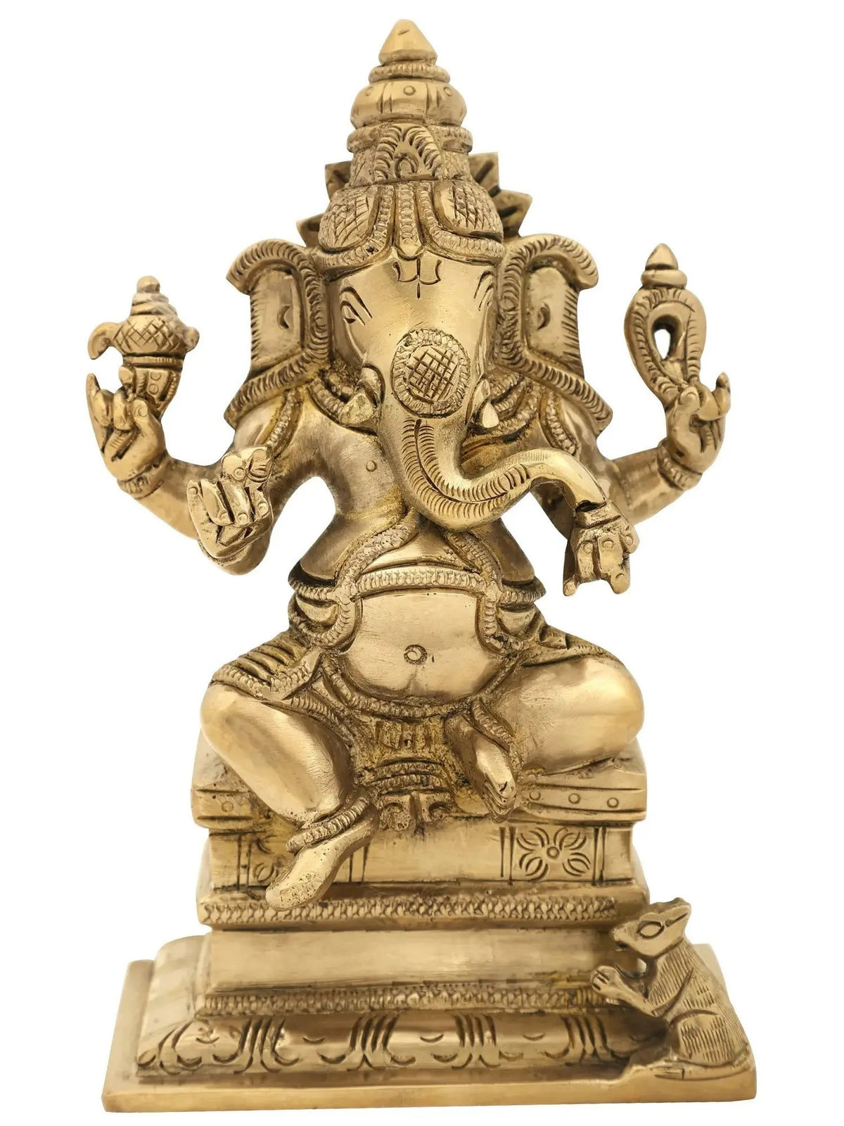 Brass four-armed Ganesha statue seated on high pedestal, 6 inch