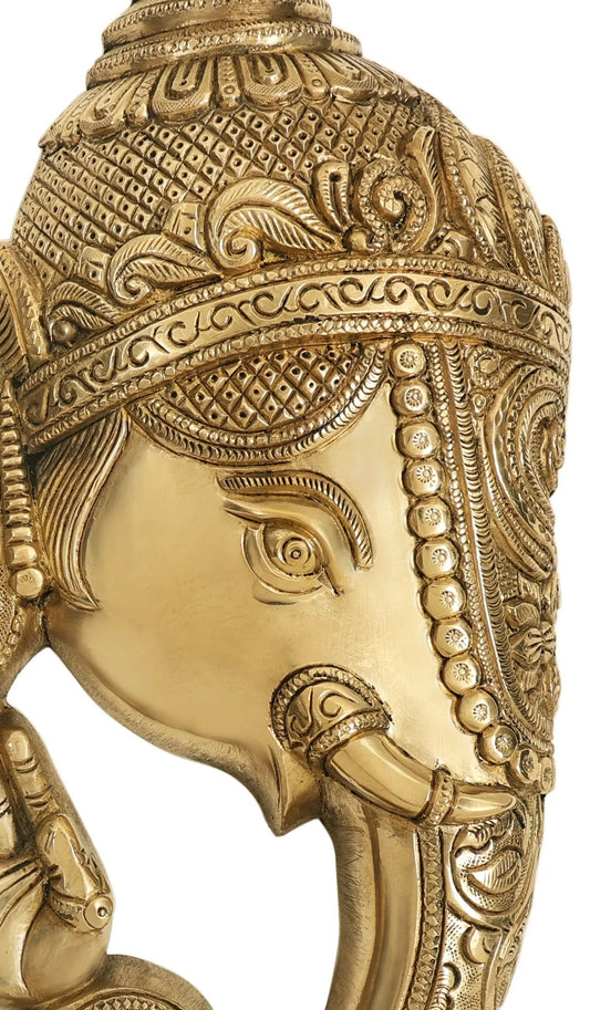 Brass Wall Hanging of Ganesha Mask Giving Blessings 11 inches