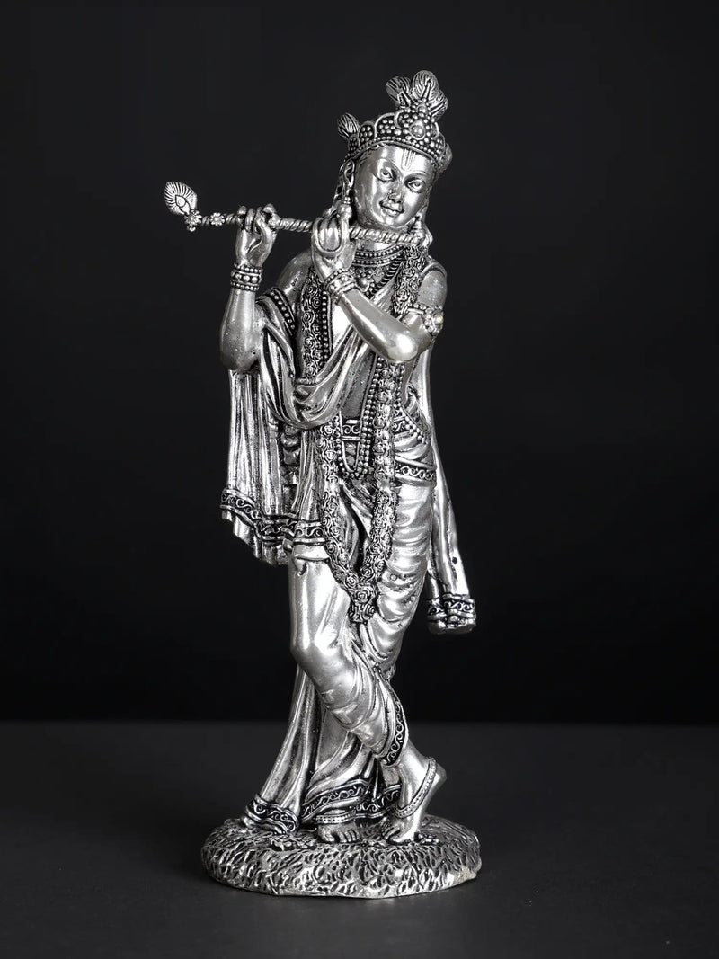 Silver-Plated Brass Statue of Lord Krishna Playing the Flute 7 inches