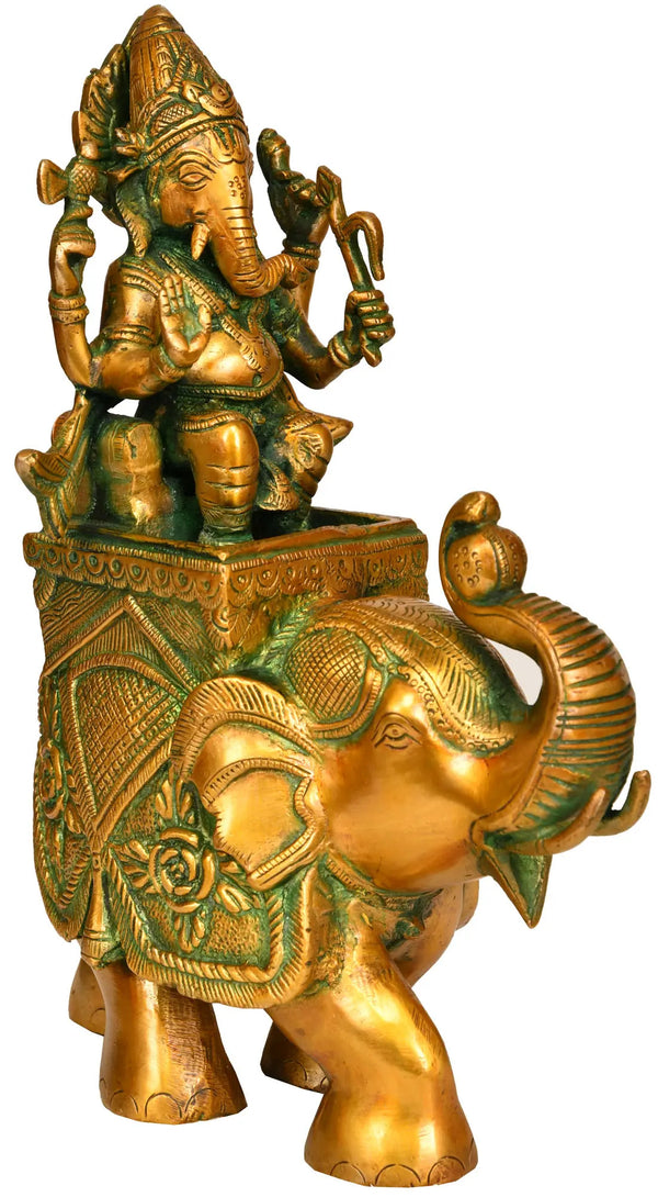 Brass depiction of Lord Ganesha riding an elephant 11 inches