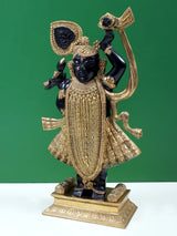 Natural brass Thakur ji Bihari ji statue, black deity with gold crown, 18 in