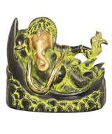 Ganesha idol on crescent moon, dark brass with green-gold detailing, 4 inch