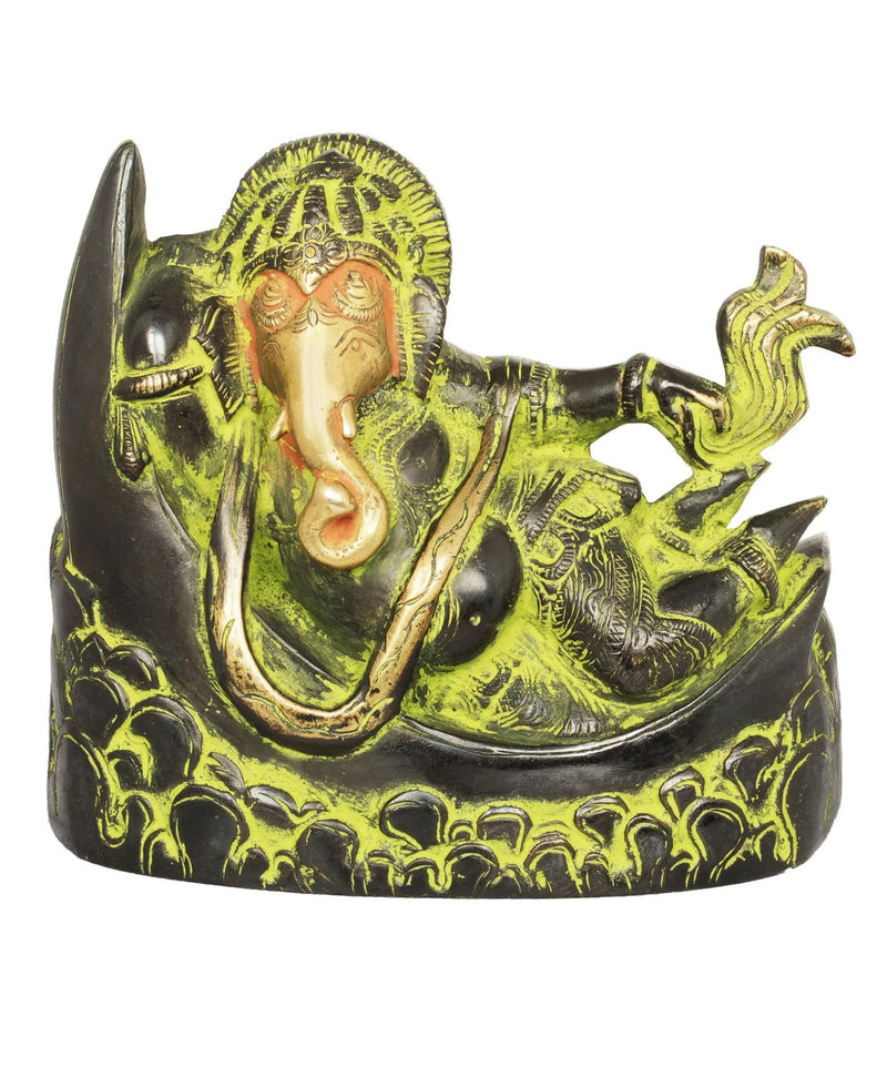 Brass Black green god Idol of Ganesha Relaxing on a Crescent Moon 4 inches