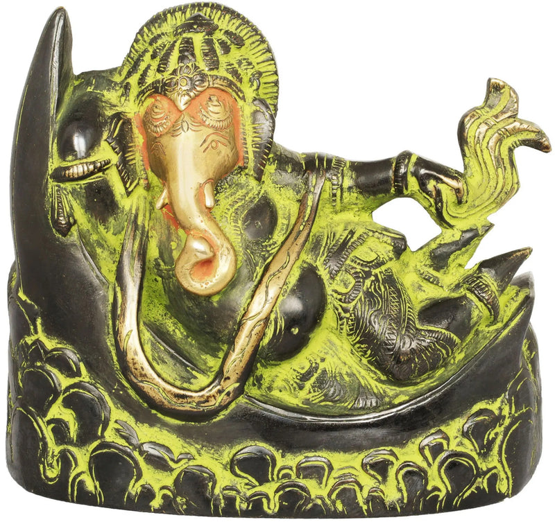 Brass Black green god Idol of Ganesha Relaxing on a Crescent Moon 4 inches