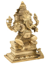 AONA brass Ganesha statue seated on pedestal, detailed arms and crown, 6 inch
