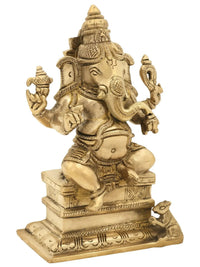 AONA brass Ganesha statue seated on pedestal, detailed arms and crown, 6 inch