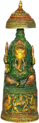 Brass Amazing henna touch King Ganesha with Lakshmi Ji Carved on Pedestal 10 inches