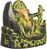 Ganesha statue figurine relaxing on crescent moon, dark brass and green accents