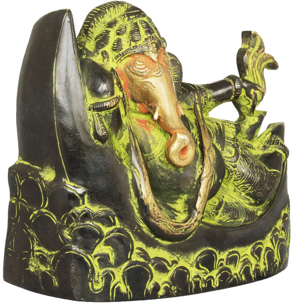 Brass Black green god Idol of Ganesha Relaxing on a Crescent Moon 4 inches Entryway Setting