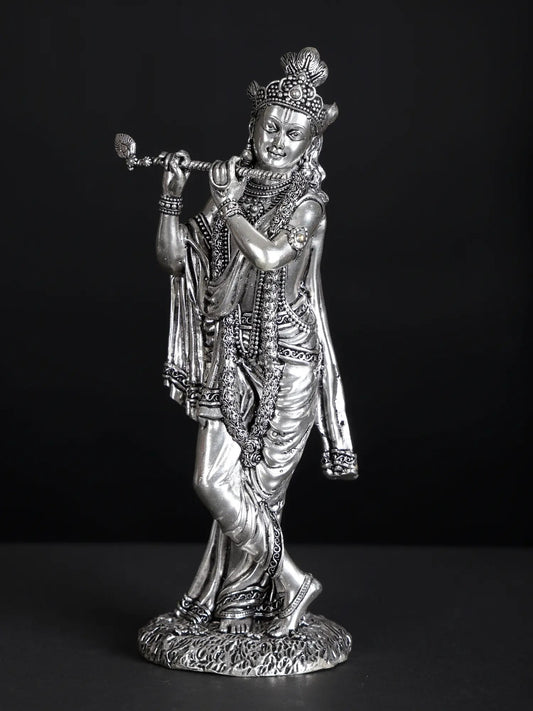 Silver-Plated Brass Statue of Lord Krishna Playing the Flute 7 inches