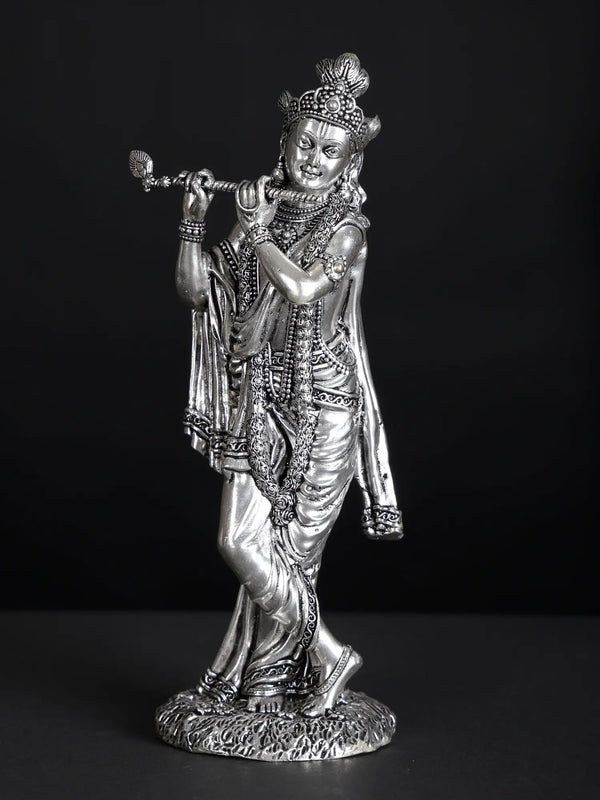 Silver-Plated Brass Statue of Lord Krishna Playing the Flute 7 inches Entryway Setting
