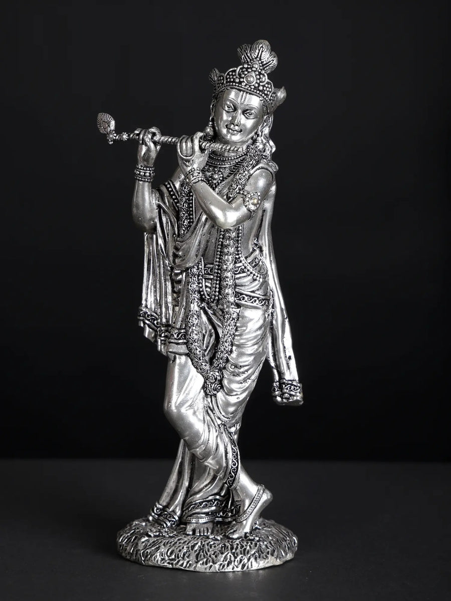 Silver-Plated Brass Statue of Lord Krishna Playing the Flute 7 inches Craft Detail