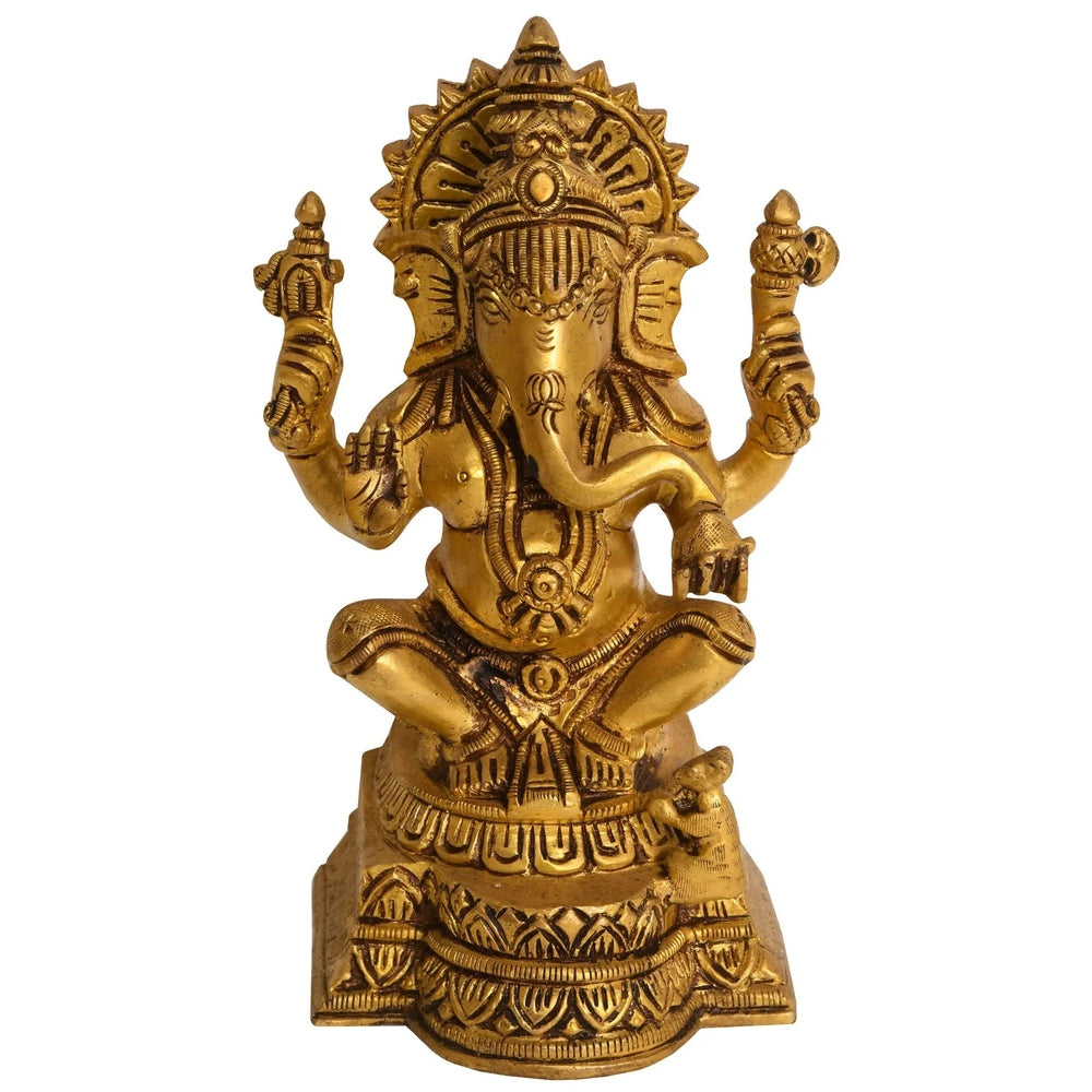 Brass Lord Ganesha statue, seated with raised arms, intricate detailing