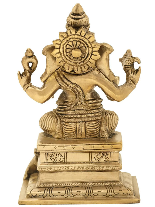 Brass Statue of Lord Ganesha Seated on a High Pedestal 6 inches Study Setting