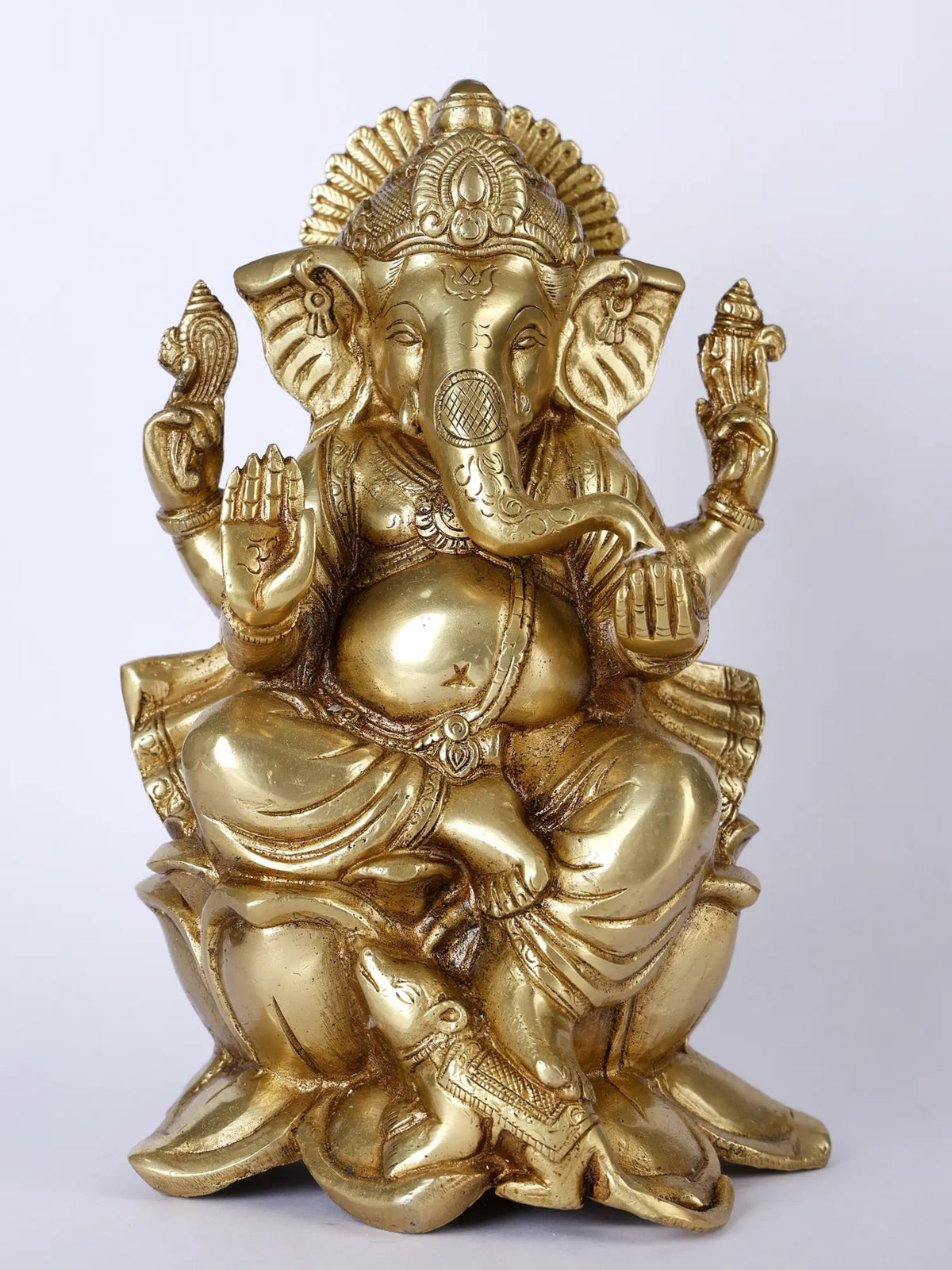Lord Ganpati Ji idol, seated on lotus, golden finish, raised hands—9 inches