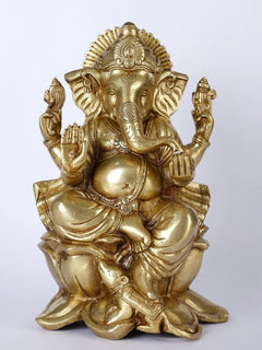 Lord Ganpati Ji idol, seated on lotus, golden finish, raised hands—9 inches