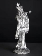 Silver-plated Lord Krishna statue, back view with draped robe and flute raised